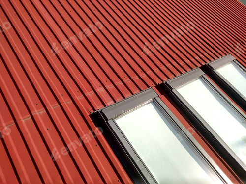 Preview: Red tiled house roof with attic windows. Roofing construction, window installation