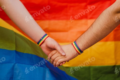 Preview: White gay couple holding hands with rainbow colorful flag background