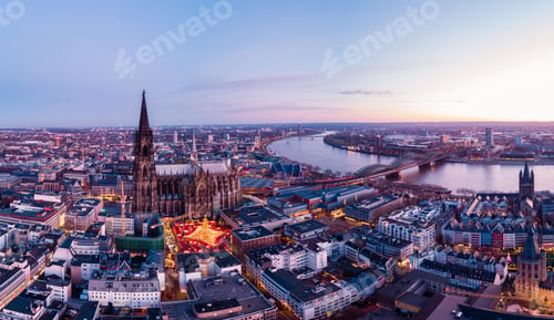 Preview: Cologne Germany Christmas market, aerial drone view over Cologne rhine river Germany Cathedral