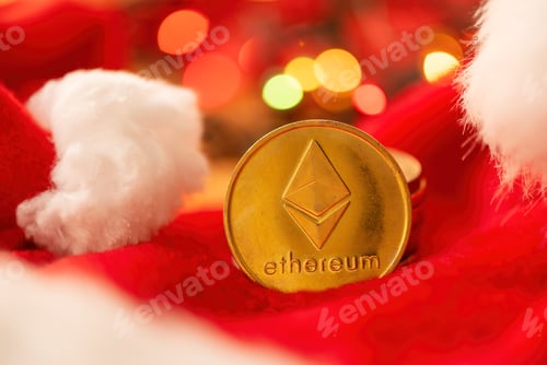 Preview: Ethereum coin with Christmas holiday season decoration, coin stack and Santa Claus hat