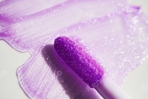 Preview: Smears of shining lilac lip gloss and lip gloss brush on white background, hard shadows