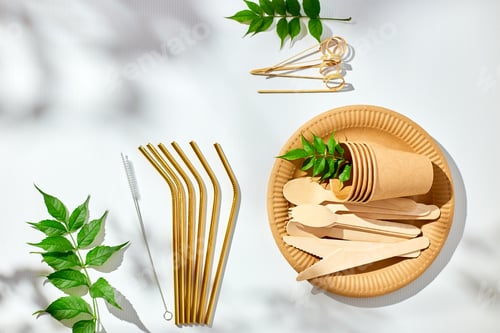 Preview: Set of eco friendly tableware, reusable, utensils stainless steel straws