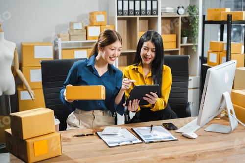 Preview: Two young asian woman work in back office for checking the product in the warehouse