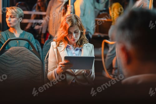 Preview: Businesswoman using digital tablet while riding bus at night