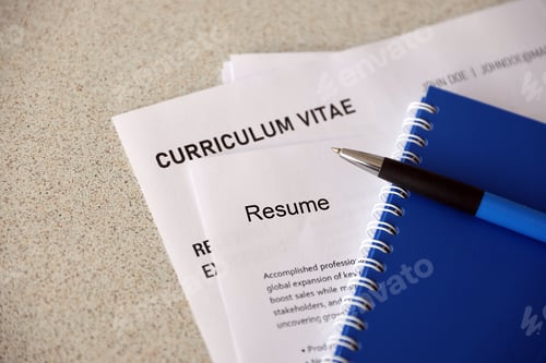 Preview: Top view of stack of office documents including resume and cv forms on the desk
