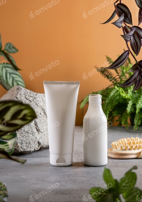 Preview: Сosmetic product branding with tropical leaves on tan color background.