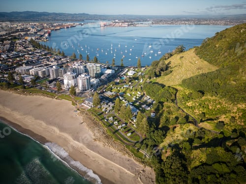 Preview: Aerial view of Mount Maunganui with Bay of Plenty and modern buildings, Tauranga, New Zealand