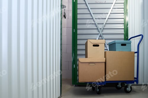Preview: Cardboard Boxes on Dolly Cart Being Moved into Self Storage Unit Facility