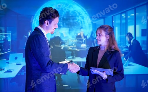 Preview: Business professionals shake hands in modern office setting during a meeting about new technology