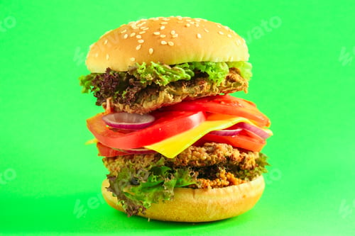 Preview: Burger (Roll, Cutlets, Cheese, Lettuce, Tomato, Onion, Sauce And More) Menu Concept. Food