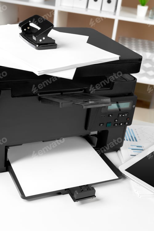 Preview: Printer, copier, scanner in office. Workplace