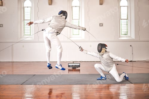 Preview: Fencing, sport and jump with sword to fight in training, exercise or workout in a hall. Martial art