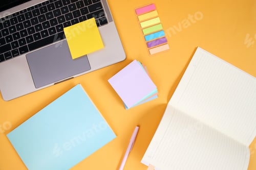 Preview: Colorful Sticky Notes, Laptop, Pen And Notebook