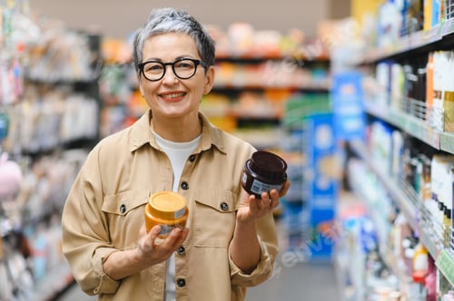 Preview: Senior woman choosing skincare products in retail store