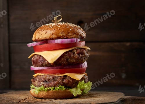 Preview: Double cheeseburger with tomatoes, onions, barbecue cutlet