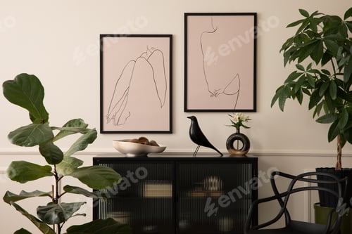 Preview: Elegant living room interior with plants, armchair, rug and personal accessories Home decor Template