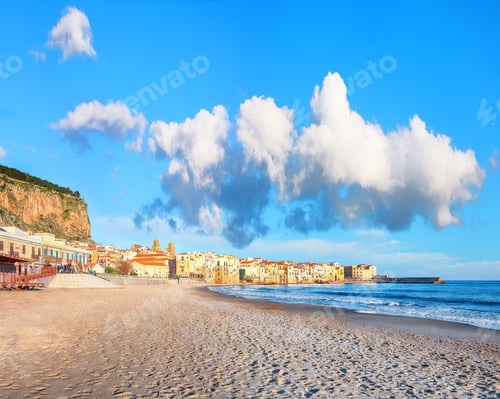 Preview: Sightseeing cityscape of Cefalu city. Popular travel destination of Mediterranean sea.