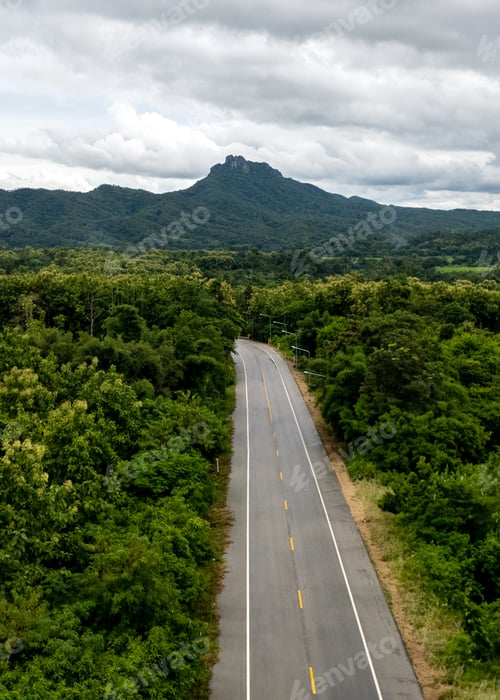 Preview: Top view of countryside road passing through the green forrest and mountain
