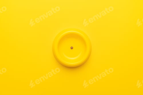 Preview: Yellow Pet Bowl With Dry Food Leftovers Over Yellow Background
