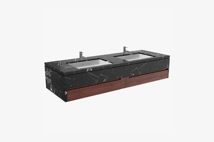 Preview: Black Marble Double Vanity with Integrated Sinks and Dark Wood Drawers
