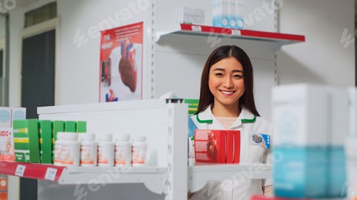Preview: Pharmaceutical worker analyzing boxes of medicaments on shelves