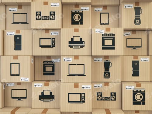 Preview: Household kitchen appliances and home electronics in boxes . E-c
