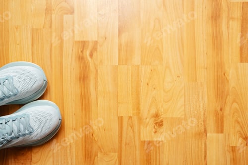 Preview: New female running shoes on wooden floor