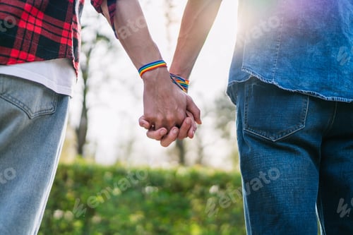 Preview: Harmonious Display of LGBT Unity with Multicolor Bracelets on Male Couple