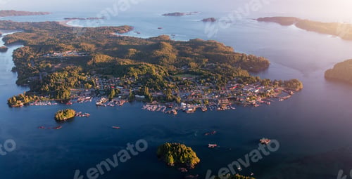 Preview: Vibrant Landscape on the West Coast of Pacific Ocean. Dramatic Sunset. Tofino. Aerial