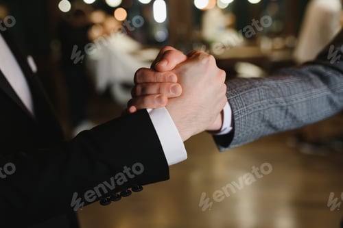 Preview: Two businessmen shaking hands with colleagues on background
