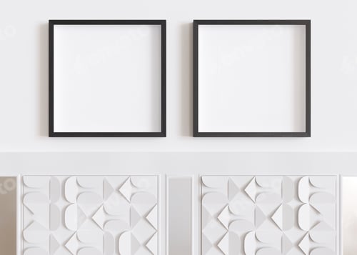 Preview: Two blank square picture frames hanging on white wall. Template, mock up for artwork, picture