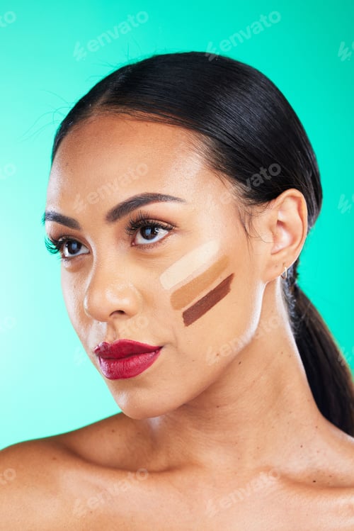 Preview: Woman, face and contour for makeup, cosmetics or beauty skincare isolated against a studio backgrou