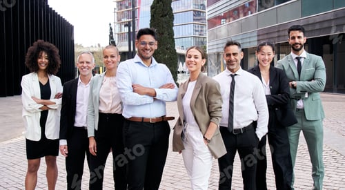 Preview: Team portrait diverse happy professional posing confidence. Young and mature multiracial colleagues.