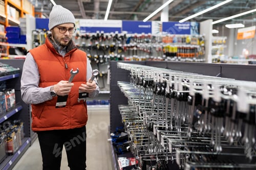 Preview: a man buys spanners in a hardware store