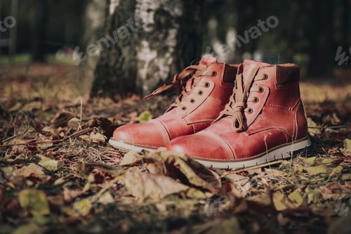 Preview: Still life of beautiful red shoes in the park