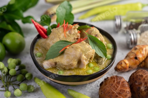 Preview: Chicken green curry in a bowl .