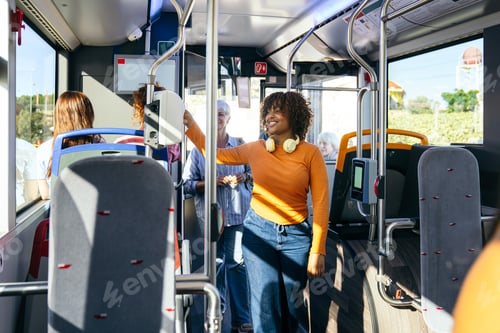 Preview: Young woman validating ticket on city bus