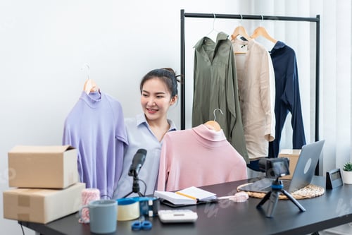 Preview: Women fashion designer stylist broadcast live streaming video to sale product and receive online