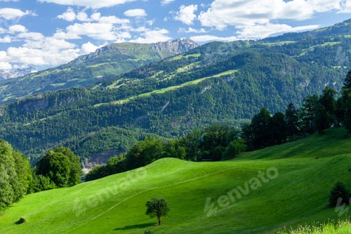 Preview: Landscape with mountains, green meadows and forest