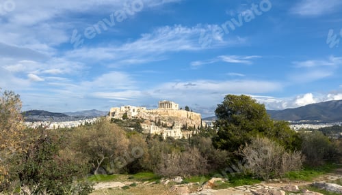 Preview: Athens, Greece. Parthenon and Propylaea, Acropolis hill and Herodeion. View from Philopappos hill