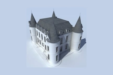 Vista previa: Edificio de dos pisos con torres y persianas