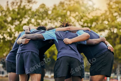 Preview: Diversity, team and men huddle in sports for support, motivation or goals outdoors. Man sport group