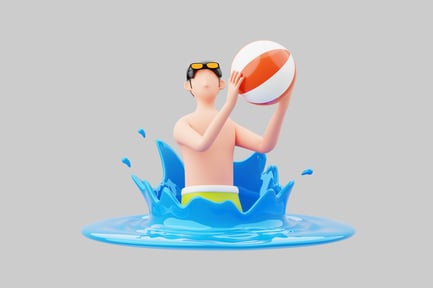 Visualização: Homem de desenho animado com bola de praia