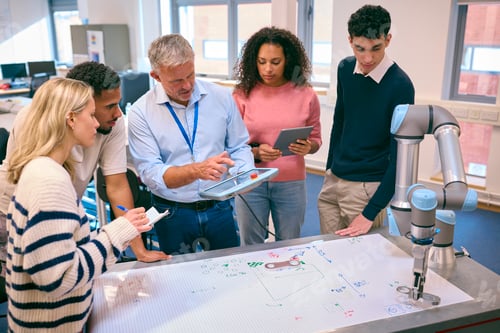 Preview: Group Of College Or University Engineering Students In Robotics Class With Male Teacher