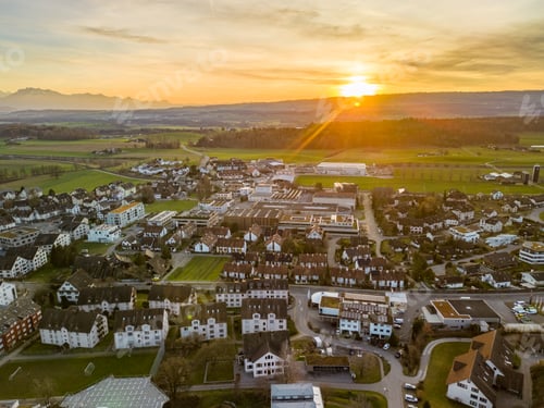 Preview: Aerial panorama view to lake Zug and Swiss Alps with Mettmenstetten, Switzerland