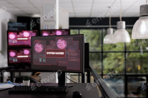Preview: Computer displays showing hacking warning aler