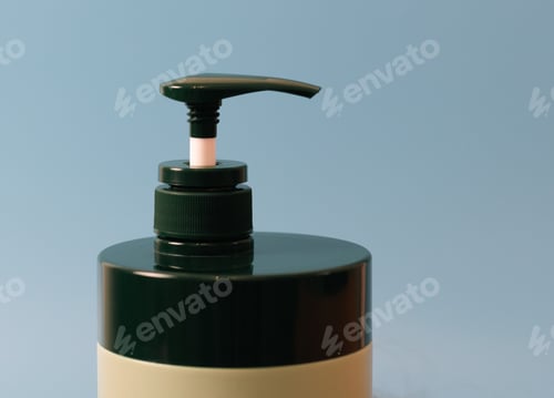 Vista previa: Shampoo bottle with dispenser on blue.