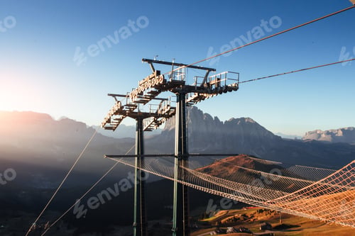 Preview: Ready to go down. Cableway standing on the hills in Seceda dolomites
