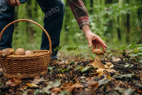 Preview: Bucket on the ground. Close up view of man that is doing mushroom picking in the forest