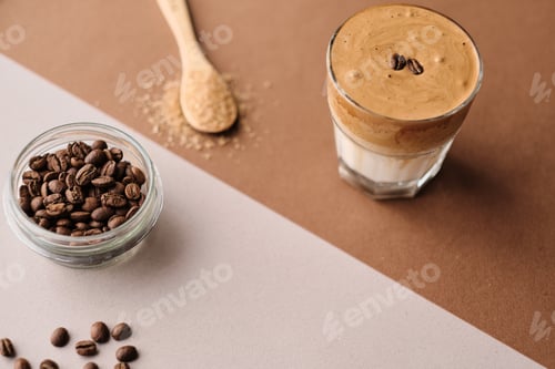 Preview: Iced dalgona coffee with almond milk and brown sugar, coffee beans